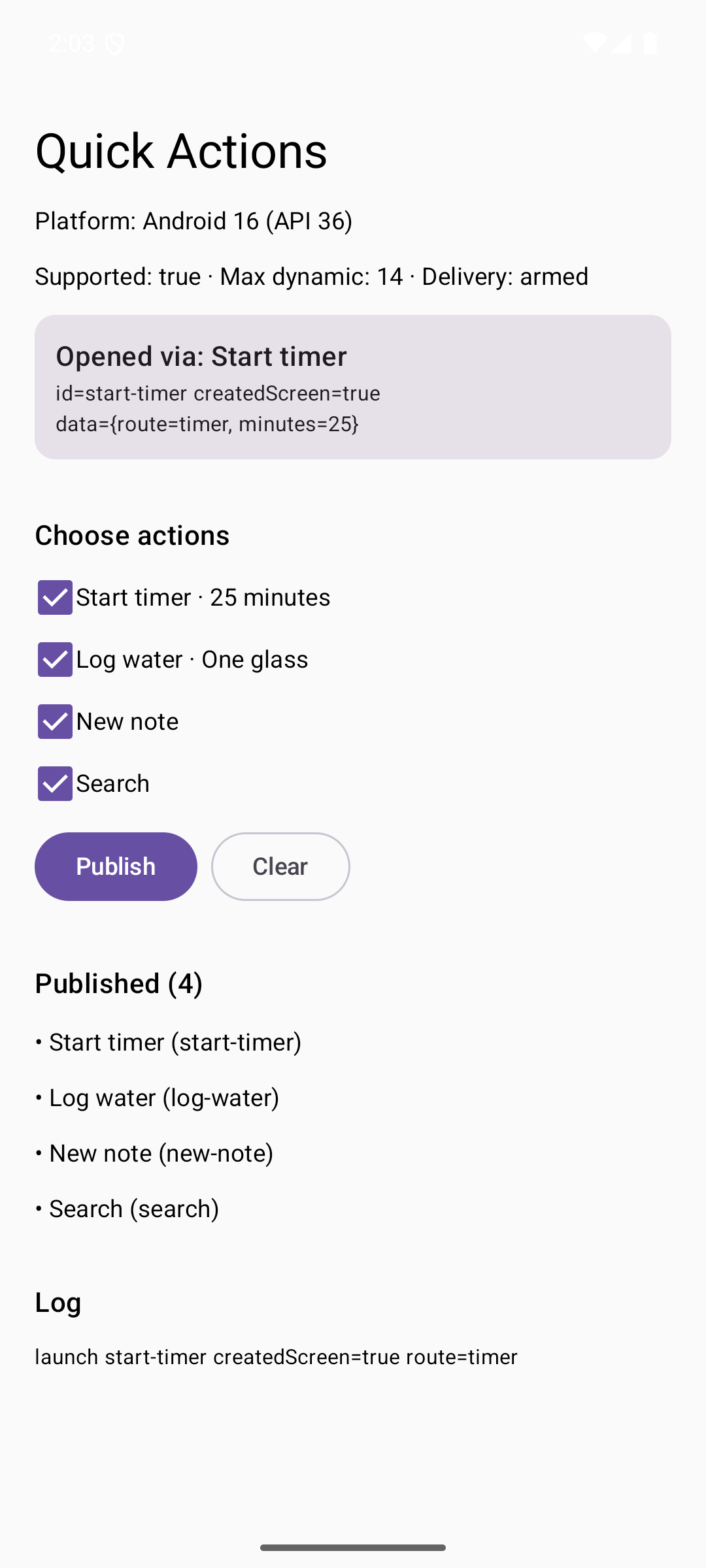 Sample app on Android showing the action that opened it